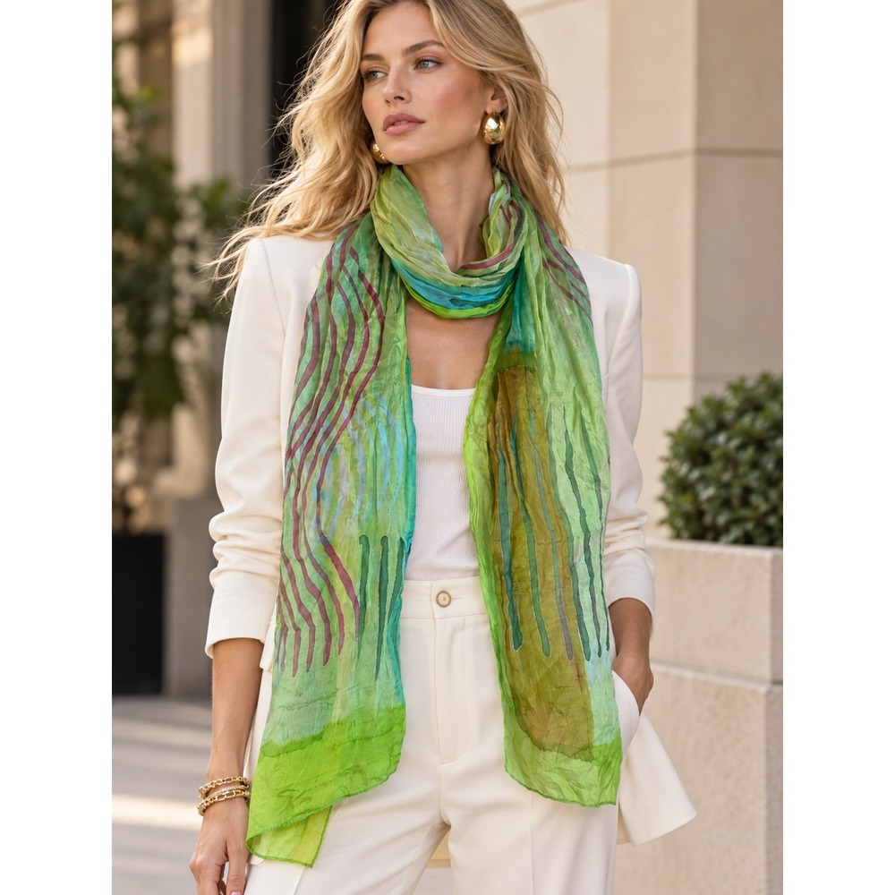 90s Abstract Silk Scarf Sheer Lightweight Artistic Wavy Line Print